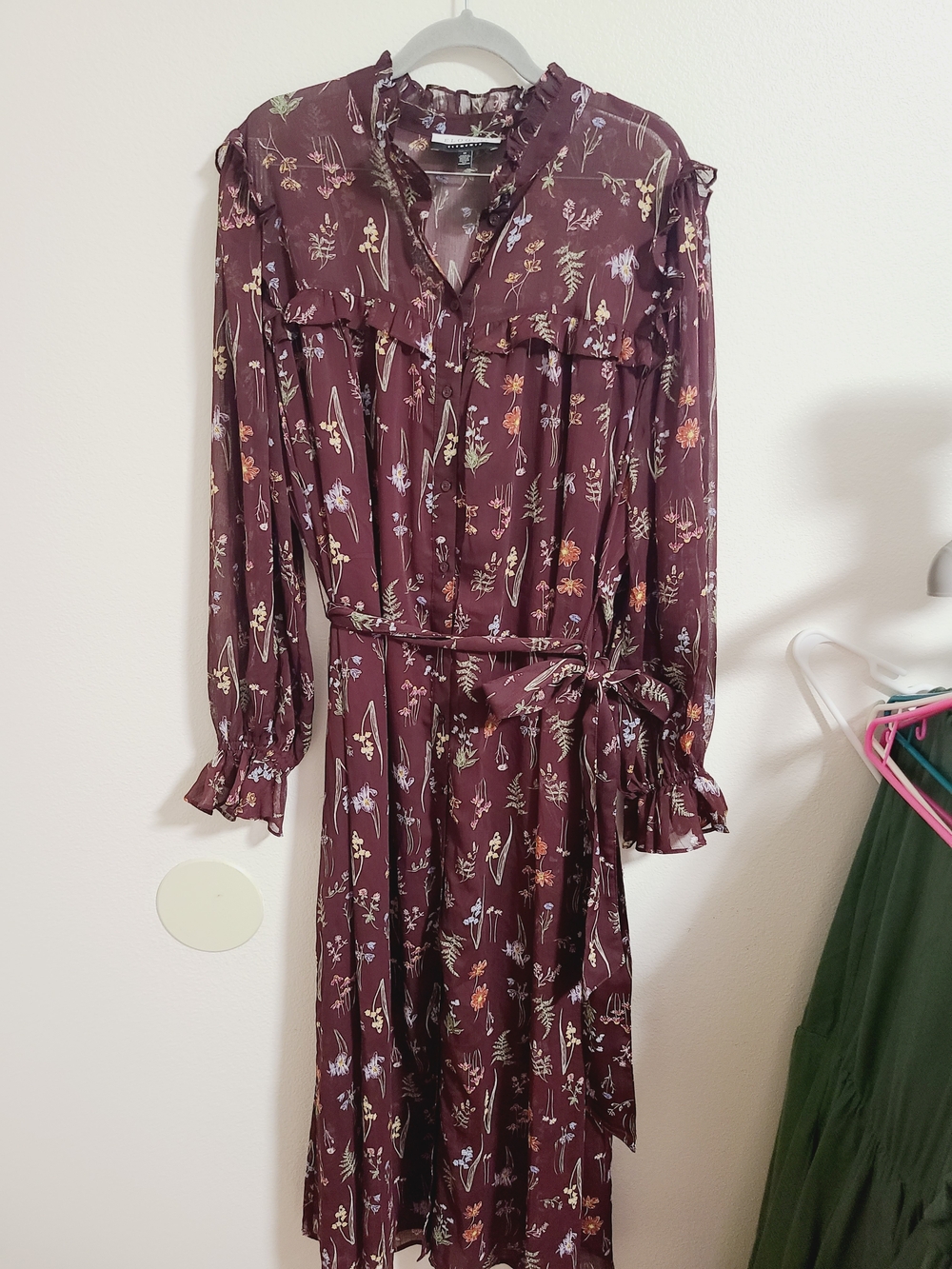 Eloquii Floral Ruffle Midi Dress - Burgundy